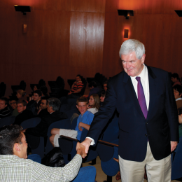 COURTESY KEVIN PRESKENIS Republican presidential candidate Newt Gingrich meets students during his visit to campus in April 2010. A handful of GU students have joined the growing national movement endorsing Gingrich for 2012 elections.