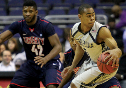 FILE PHOTO: RICHARD OLIVEIRA SOENS/THE HOYA Sophomore guard Markel Starks (right) led all scorers with 18 points Saturday afternoon.