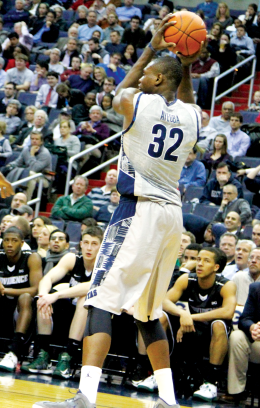 FILE PHOTO: CHRIS GRIVAS/THE HOYA Junior center Moses Ayegba stepped up with the GU frontcourt in foul trouble, chipping in a team-high 10 rebounds.