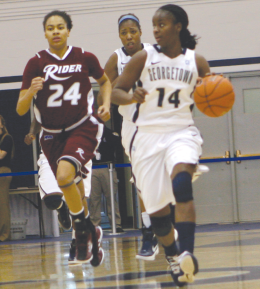 SARI FRANKEL/THE HOYA Junior guard Sugar Rodgers sparked a second-half run that propelled the Hoyas to a 58-51 win over visiting Rider Sunday afternoon. Rodgers finished with a team-high 21 points in the victory.