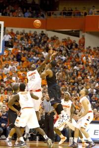 COURTESY MITCHELL FRANZ/THE DAILY ORANGE Senior guard Austin Freeman shoots a floater in Wednesday night's 64-56 victory over the Orange at the Carrier Dome.