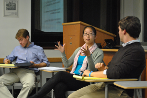 Student Activities Commission Vice Chair Ruiyong Chen (SFS ‘13) and Chair Andy Koenig (COL ‘12) discuss possible reforms to the SAC funding guidelines at a town hall Wednesday.