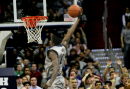 FILE PHOTO: MICHELLE CASSIDY/THE HOYA Senior center Henry Sims, shown against Memphis, led the Hoyas with four assists against Louisville.