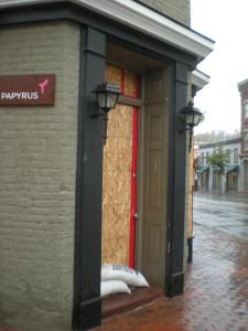 NIKITA BULEY/THE HOYA Papyrus, at 1300 Wisconsin Ave., was one of several Georgetown businesses to board up doors and windows in anticipation of Hurricane Sandy's wrath.