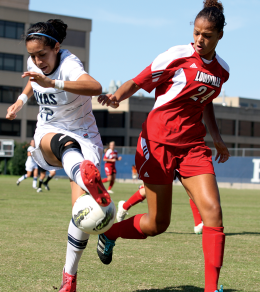 CHRIS BIEN/THE HOYA Senior forward Camille Trujillo, shown in Georgetown’s loss to Louisville, has scored seven goals in her last five games.