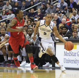 CHRIS GRIVAS/THE HOYA Junior point guard Markel Starks tied for the game-high in points Saturday, but it was his stellar defensive on Louisville’s standout senior guard Peyton Siva that had the biggest impact in the narrow win.