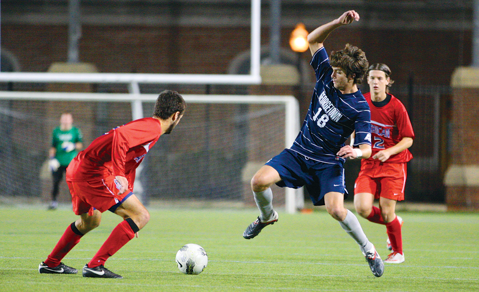 CHRIS BIEN/THE HOYA Sophomore midfielder Steve Neumann scored the game-winning goal under the lights at MultiSport Facility on Tuesday night as the Hoyas downed local rival American. The Blue and Gray haven’t lost since their home opener against Virginia Commonwealth Aug. 29.