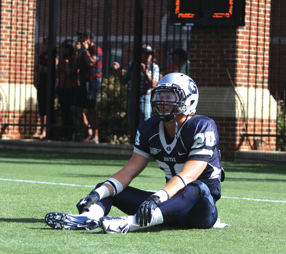 CHRIS GRIVAS/THE HOYA Sophomore Kevin Macari lingered on the field after Georgetown’s final play was intercepted.