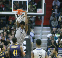 MEAGAN KELLY/THE HOYA Junior forward Hollis Thompson (1) scored 19 points on 7-of-10 shooting against UNC-Greensboro Monday night.