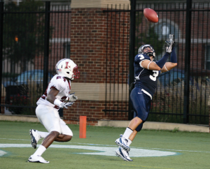 CHRIS BIEN/THE HOYA Junior slot receiver Max Waizenegger catches the first of two touchdown passes in the Hoyas’ 14-13 win Saturday night.