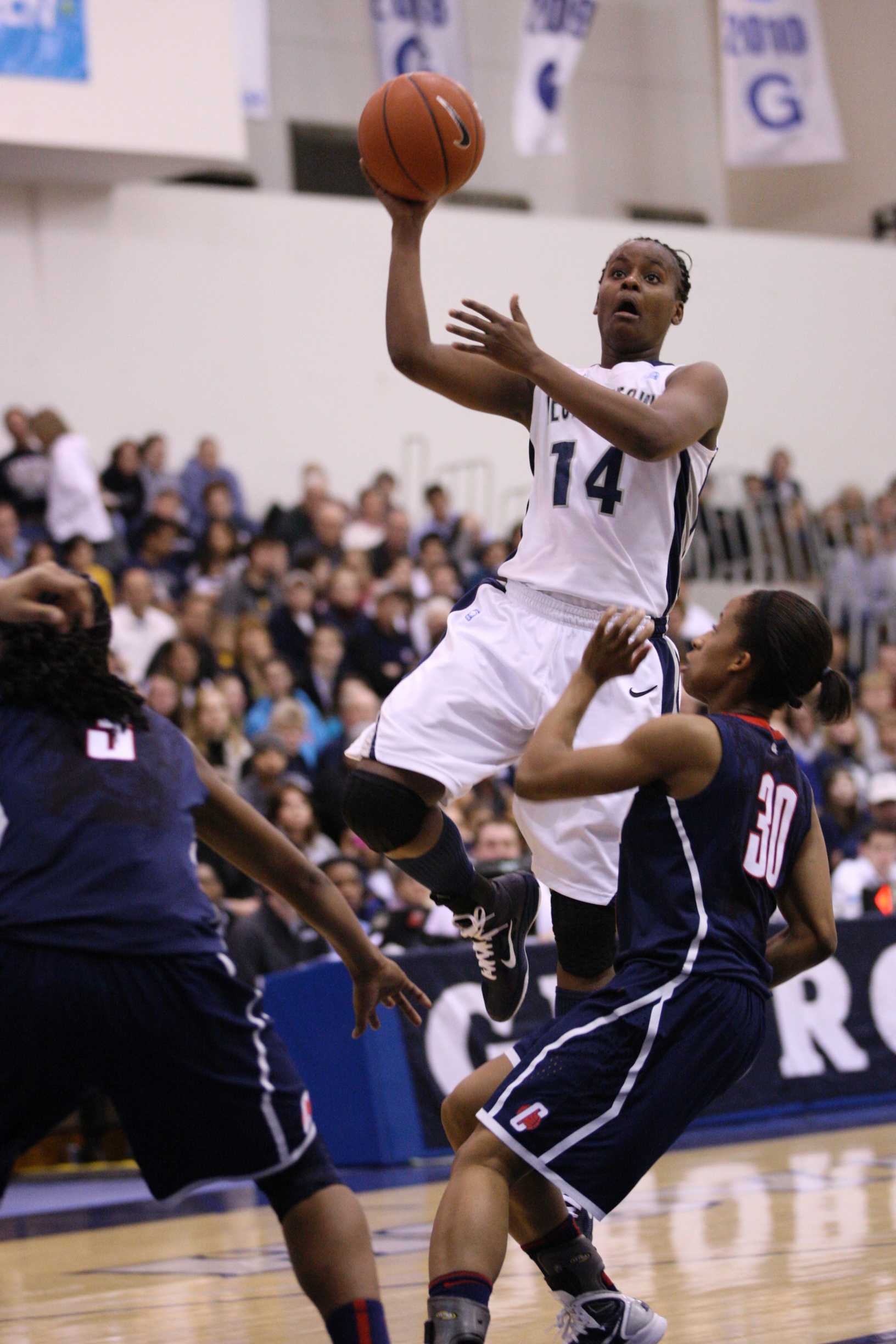 CHRIS BIEN/THE HOYA Sophomore guard Sugar Rodgers scored 16 points on 6-of-20 shooting against Connecticut.