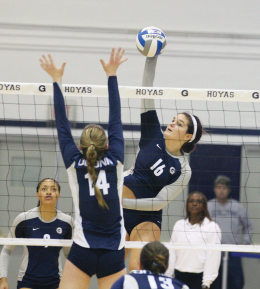 FILE PHOTO: CHRIS BIEN/THE HOYA Freshman outside hitter Alex Johnson, who has 290 kills on the season, led the Hoyas with nine kills in their loss to USF last Saturday.