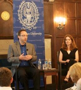  GLENN RUSSO/THE HOYA Wikipedia founder Jimmy Wales and Andrea Weckerle, founder of CiviliNation discuss online civility Monday.