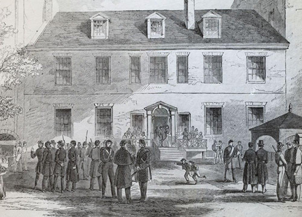 FROM BOOKS TO BATTLE The 69th Regiment of the New York State Militia, pictured above, was housed for a time at Georgetown, partially as punishment for anti-Union demonstrations that occurred on campus.