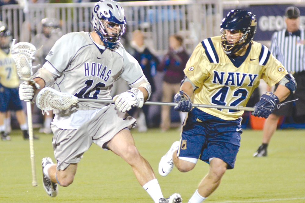 FILE PHOTO: CHRIS BIEN/THE HOYA Junior defender Chris Nourse and the Georgetown men’s lacrosse team open their season tonight against Maryland. The Hoyas hope to get off to a better start than last year, when they fell to the Terrapins, 20-8.