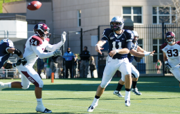 CHRIS BIEN/THE HOYA Senior quarterback Scott Darby started in place of junior Isaiah Kempf for the Hoyas’ 30-13 Senior Day victory over Fordham.