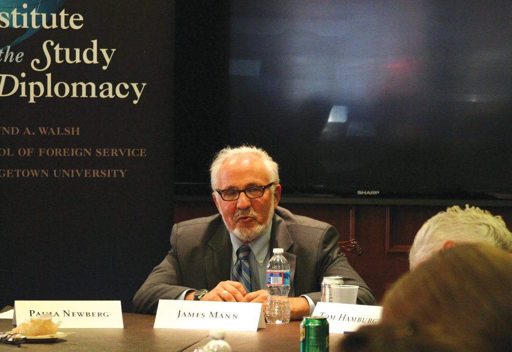 KAYLA NOGUCHI/THE HOYA James Mann (pictured) and Tom Hamburger, both writers and former journalists, spoke about the fast-evolving dynamics of the presidential race at an event in the Mortara Center Tuesday.