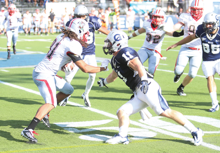 FILE PHOTO: LEONEL DE VELEZ/THE HOYA Junior defensive back Dustin Wharton, shown here against Brown, had 11 tackles in Georgetown’s loss to Fordham Saturday.