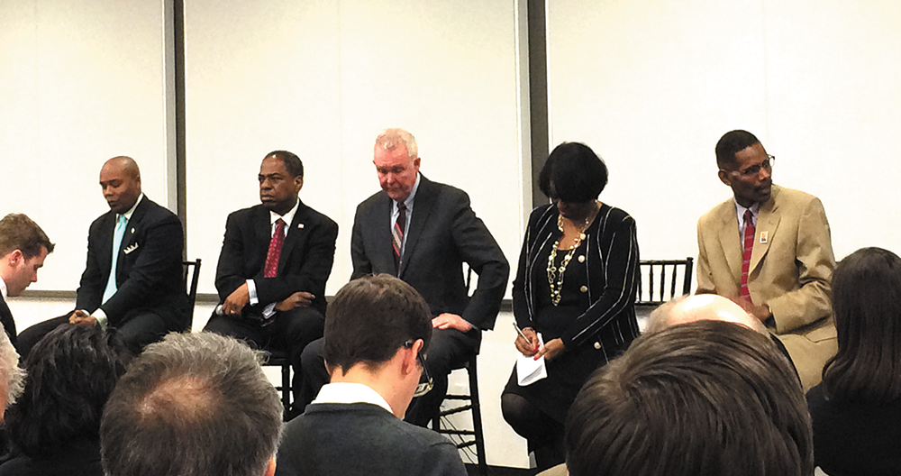 MADDY MOORE/THE HOYA Tuesday’s mayoral debate at the District Architecture Center explored aspects of planning, including design and housing. From left to right: Carlos Allen, Vincent Orange, Tommy Wells, Reta Jo Lewis and Michael Green.