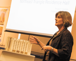 NATASHA THOMSON/THE HOYA Senior University Architect Jodi Ernst introduced revised designs to the Northeast Triangle Residence Hall in an open forum Wednesday.