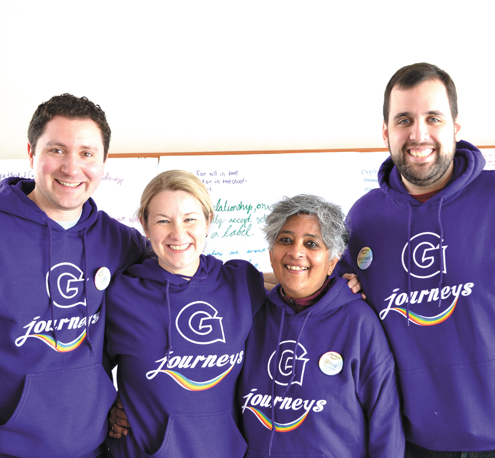 COURTESY LGBTQ RESOURCE CENTER Left to right: Cal Watson, Bridget Sherry, Shiva Subbaraman and Michael Ritterbeck, staff on the LGBTQ retreat.