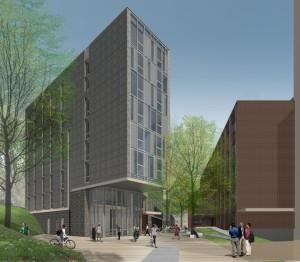 COURTESY GEORGETOWN UNIVERSITY An artist's rendition depicts the new dormitory, left, which would feature seven stories and 250 new beds.