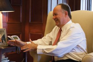 University President John J. DeGioia, in his Healy Hall office, discusses entering his 14th year as university president on the 40th anniversary of his acceptance to Georgetown as an undergraduate. 