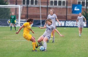 File photo: Alexander Brown/THE HOYA Senior midfielder Daphne Corboz scored one goal and added two assists in a 3-1 victory over the University of San Diego. Corboz is a nominee for the MAC Hermann Trophy Award.