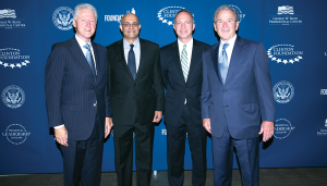 COURTESY PAUL ALMEIDA From left: former President Bill Clinton (SFS ’68), professors Paul Almeida and Michael O’Leary and former President George W. Bush. The MSB professors will participate in the Presidential Leadership Program.