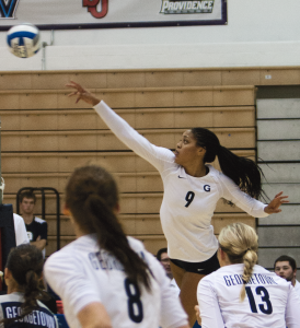 File photo: MICHELLE XU/The hoya Senior miiddle blocker Dani White notched 10 kills in Friday’s loss against Marquette, and seven more in Saturday’s win over DePaul.