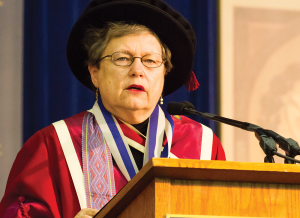 FILE PHOTO: ALEXANDER BROWN/THE HOYA SFS Dean Carol Lancaster (SFS ’64) is remembered as integral to the SFS throughout the past half-century. Above: Lancaster speaking at commencement in 2013.