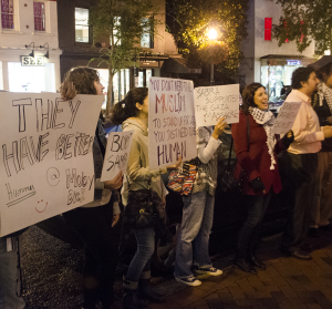 Protesters met at the Sabra Hummus House, a pop-up hummus restaurant on Wisconsin Avenue, to protest the company’s support of the Israeli army.