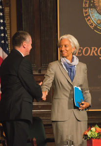 NATE MOULTON FOR THE HOYA President DeGioia welcomed Christine Lagarde in Gaston Hall.
