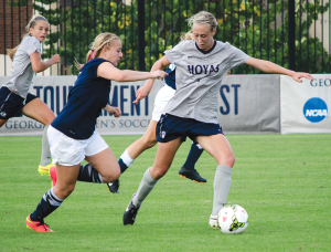 FILE PHOTO: DANIEL GANNON FOR THE HOYA Freshman defender Elizabeth Wenger has helped the Georgetown defense to 9 shutouts in 16 games this year. Wenger, who has started 9 games this season, is an important part of a Hoyas defense that has allowed just 1 goal per game this season.