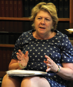 NATASHA THOMSON/THE HOYA Baroness Mary Goudie called for government regulation of human  trafficking and support for its victims in McGhee Library on Thursday.