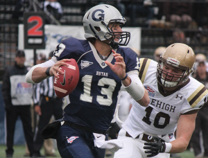  ERIN NAPIER/THE HOYA  Junior quarterback Kyle Nolan threw and rushed for a touchdown in Saturday’s 27-19 loss to Lehigh. He has nine total scores this year.