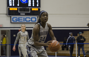 FILE PHOTO: DAN GANNON/THE HOYA Freshman guard Dorothy Adomako led the team in both games this weekend in rebounds, with 14 on Friday and 11 on Sunday. She ranks second on the team in average points per game with 14.