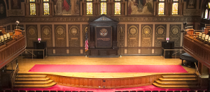 ARIANA TAFTI/THE HOYA The stage in Gaston Hall will undergo construction this summer to address structural problems. Until then, groups of more than 45 people cannot perform on the stage. 