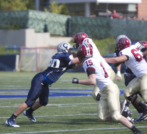 FILE PHOTO: cLAIRE sOISSON/THE HOYA Senior defensive lineman Alec May leads the Patriot League with 15.5 sacks this season. He is second on the team with 80 tackles.