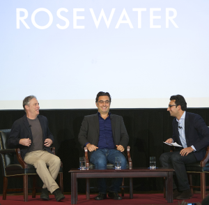 COURTESY GEORGETOWN UNIVERSITY  Jon Stewart and Maziar Bahari discuss the film with Karim Sadjadpour in Gaston Hall last Sunday. 