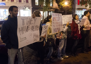 FILE PHOTO: DAN GANNON/THE HOYA Students protested the Georgetown Sabra Hummus House pop-up shop in October for its owners' association with the Israeli army.