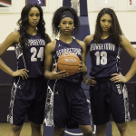 JULIA HENNRIKUS/THE HOYA Left to right: Sophomores Faith Woodard, co-captain Tyshell King and Jade Martin form the backbone of a young Hoyas team. All three averaged double-digit minutes per game last season.