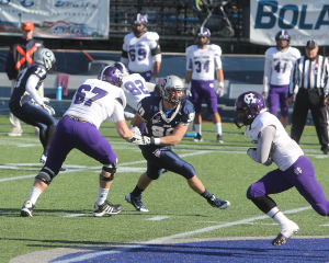 ARIANA TAFTI/THE HOYA Senior defensive end Alec May broke the single-season sack record of 16 sacks on a four-yard sack during the second quarter. 