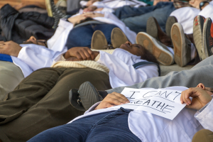 DANIEL SMITH/THE HOYA Georgetown University Medical Center students performed a die-in outside of the hospital today.
