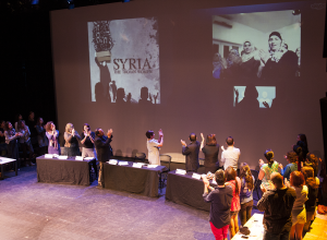 FILE PHOTO: MICHELLE XU/THE HOYA The Georgetown performance of “Syria: The Trojan Women,” was delayed after the performers were denied U.S. visas. Their voices were later able to be heard through a summit that included panelists and a live video chat.