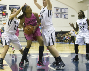 FILE PHOTO: JULIA HENNRIKUS/THE HOYA Sophomore forward Faith Woodard scored a career-high 24 points and pulled down a game-high 12 rebounds in the Hoyas’ loss to Seton Hall.