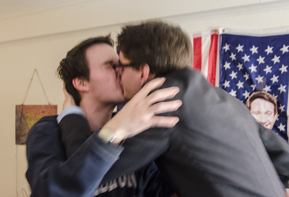 KATHLEEN GUAN FOR THE HOYA Upon learning of their victory in the 2015 GUSA executive race, President-Elect Joe Luther (COL ’16) and Vice President-Elect Connor Rohan (COL ’16) shared a tender moment in celebration at the campaign party.