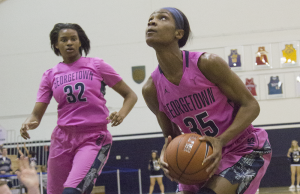 FILE PHOTO:JULIA HENNRIKUS/THE HOYA  Junior forward Dominique Vitalis scored 17 points and grabbed 12 rebounds, both team-highs, in her team’s loss to Seton Hall. 