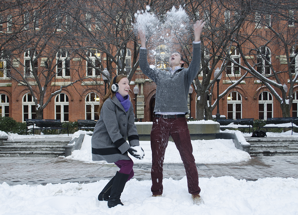 DAN GANNON/THE HOYA  Claire Reardon (SFS ’17) and Andrew Sullivan (COL ’17) share a moment in the snow. The two have been friends since early last year, but they only officially began dating five months ago. Rather than celebrate their first Valentine’s Day in town, Reardon and Sullivan spent this past Saturday indoors, where they comemmorated the occasion with a three-course fondue meal.