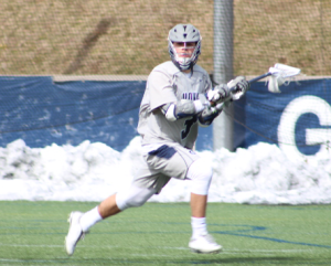 CLAIRE SOISSON/THE HOYA Freshman attack Stephen Quinzi recorded his first career hat trick in his team’s 13-11 win over Hofstra. Quinzi has six goals so far this season.